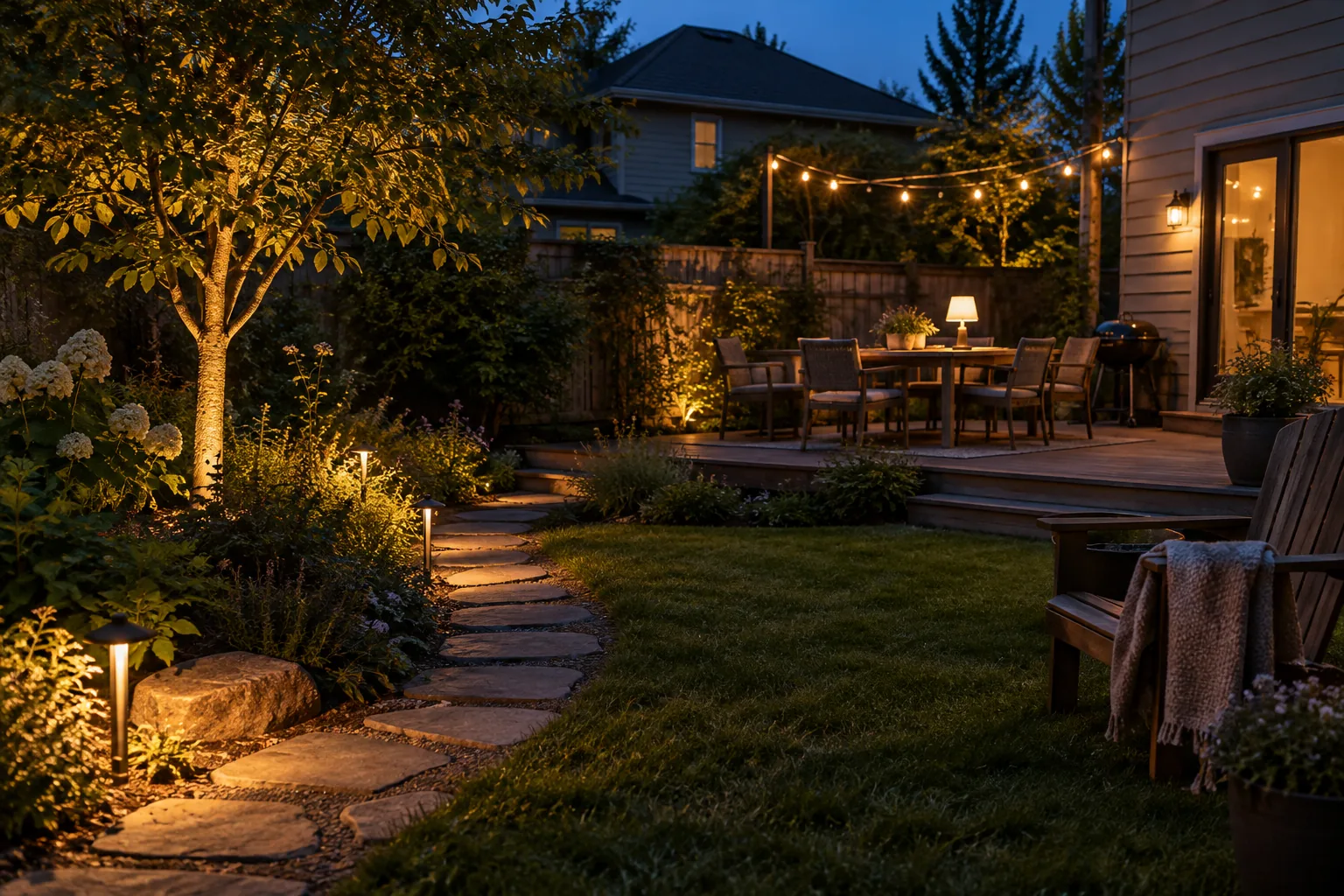 Editorial illustration for 7 Outdoor Lighting Ideas That Make a Backyard Feel More Inviting