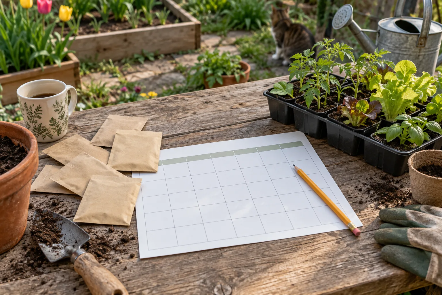 Seeds, seedlings, and a simple planting calendar on a potting table