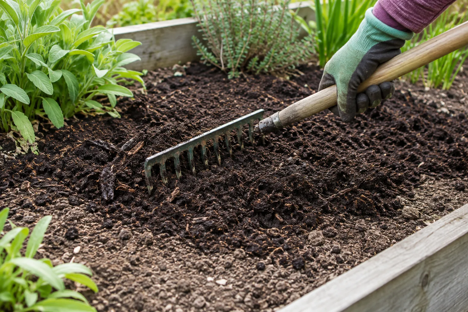 Spreading a measured layer of compost over a raised bed